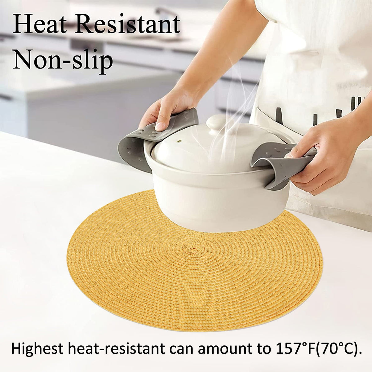 Braided Placemats for Dining Table Set of 6 - Round 15 inch Woven Heat Resistant Non-Slip Kitchen Table Mats, Red Yellow