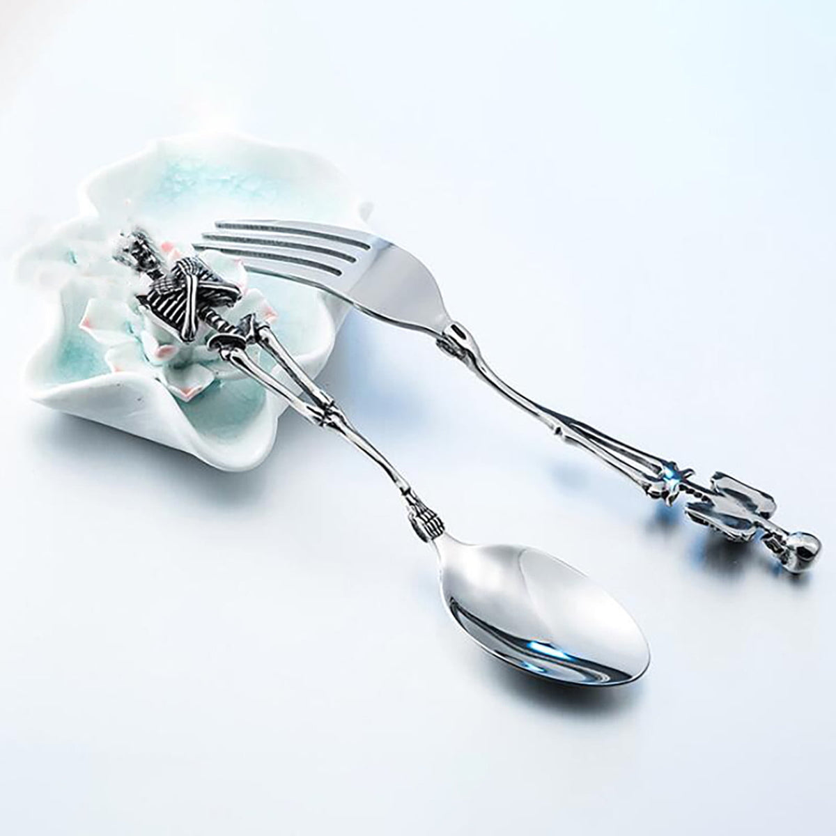 Stainless Steel Skeleton Skull Spoon and Fork Flatware Tableware Gifts for Halloween Easter and Christmas (Spoon) B