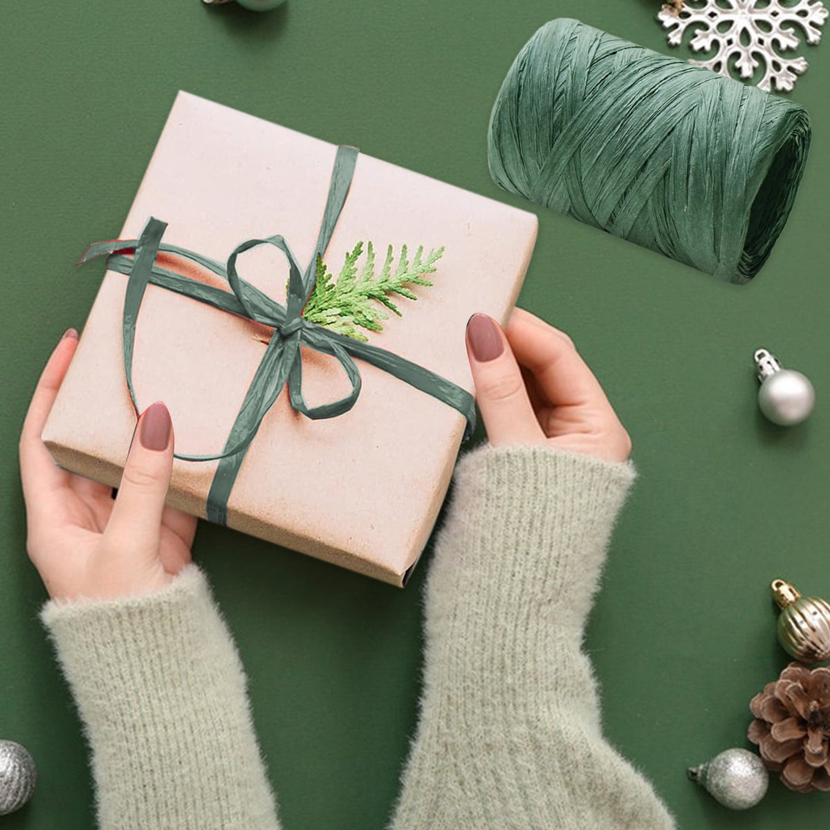 Raffia Ribbon, Christmas Gift Wrapping Raffia Paper String Ribbon Packing Paper Twine for Craft DIY Supply Christmas, 328ft Green