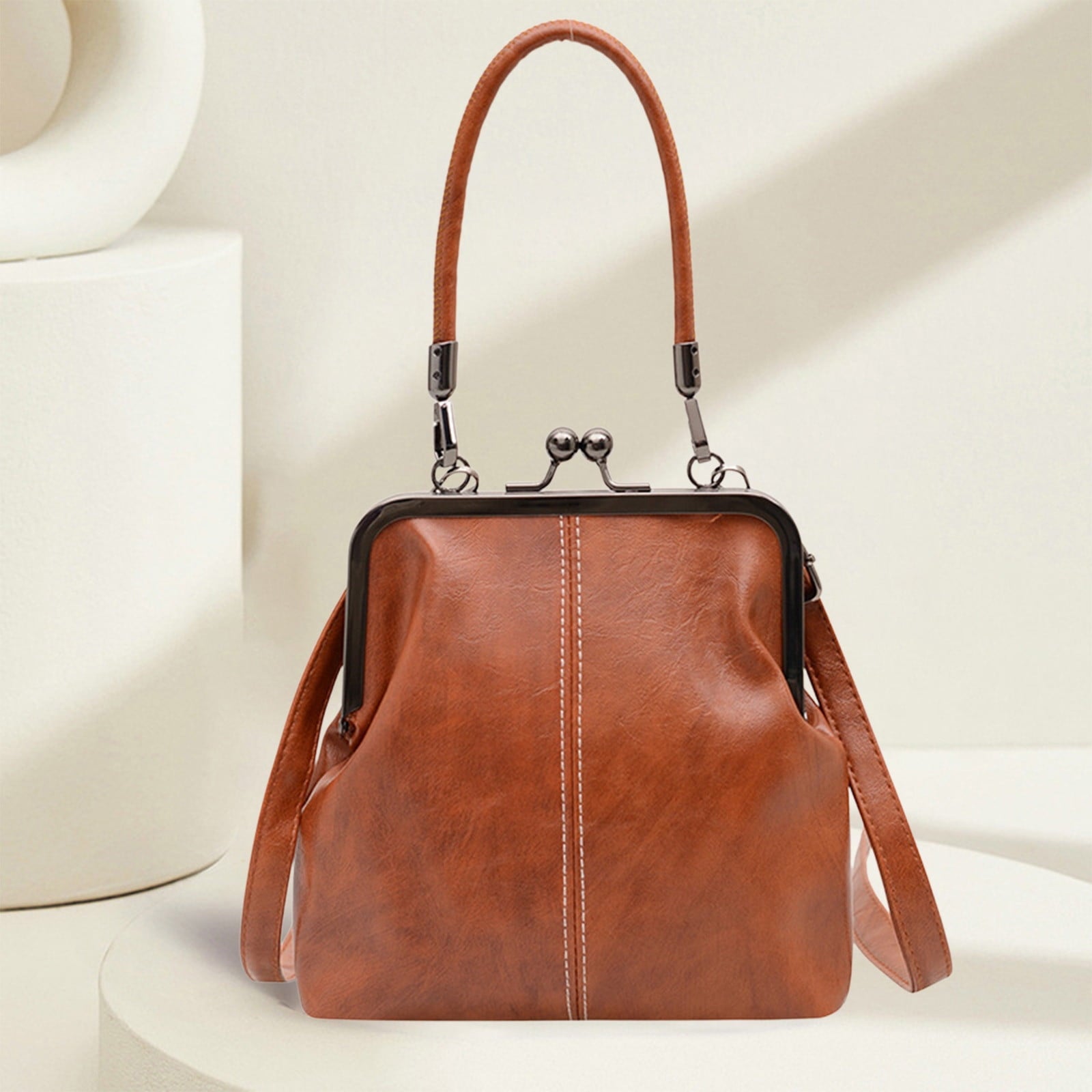 Darzheoy Retro Handbag for Women - Leather Shoulder Bag Evening Clutch Crossbody Purse with Kiss Lock Brown