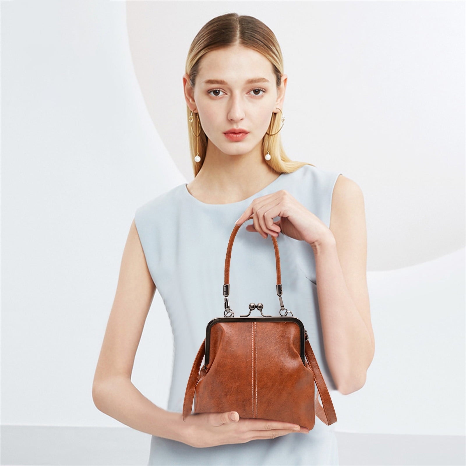Darzheoy Retro Handbag for Women - Leather Shoulder Bag Evening Clutch Crossbody Purse with Kiss Lock Brown