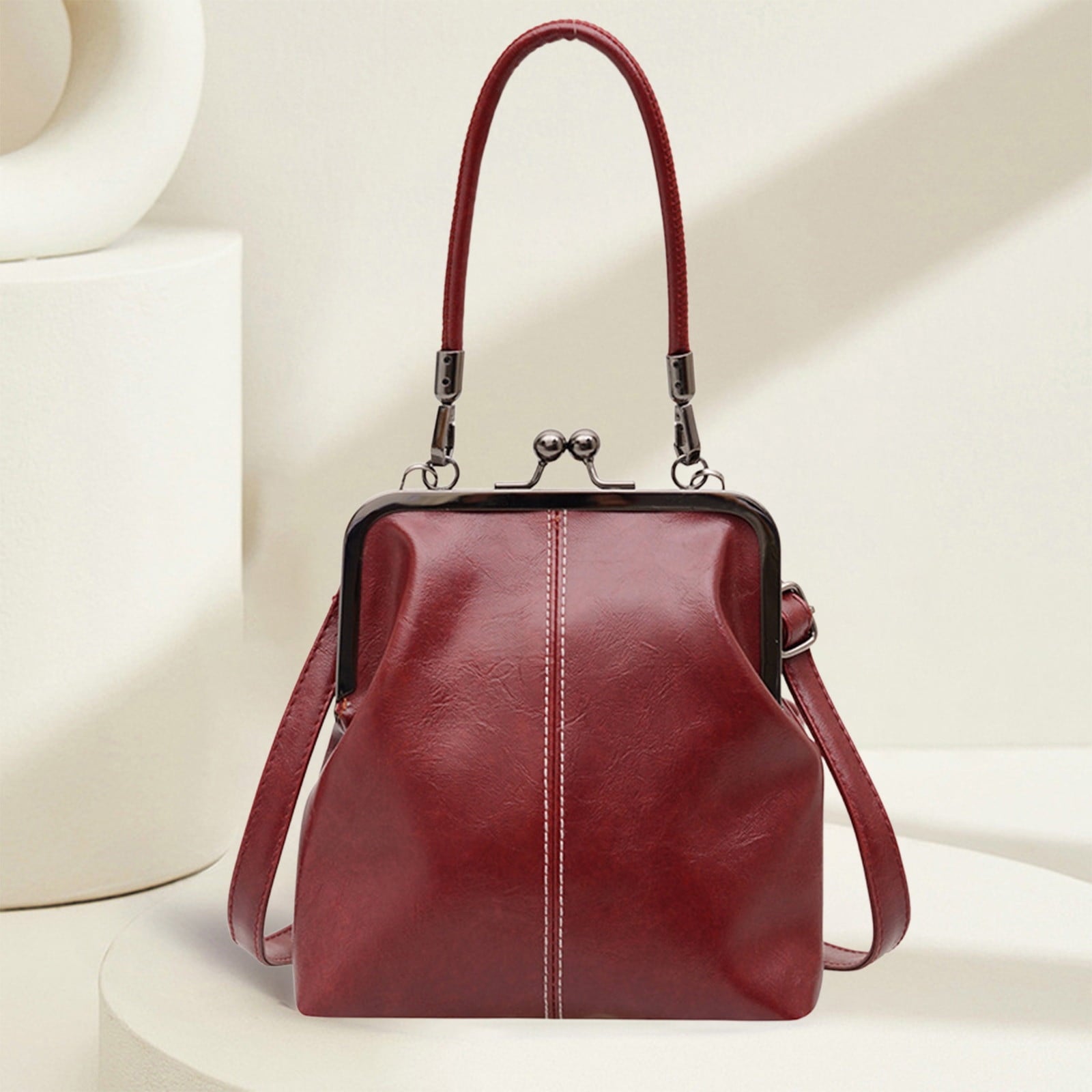 Darzheoy Retro Handbag for Women - Leather Shoulder Bag Evening Clutch Crossbody Purse with Kiss Lock Burgundy