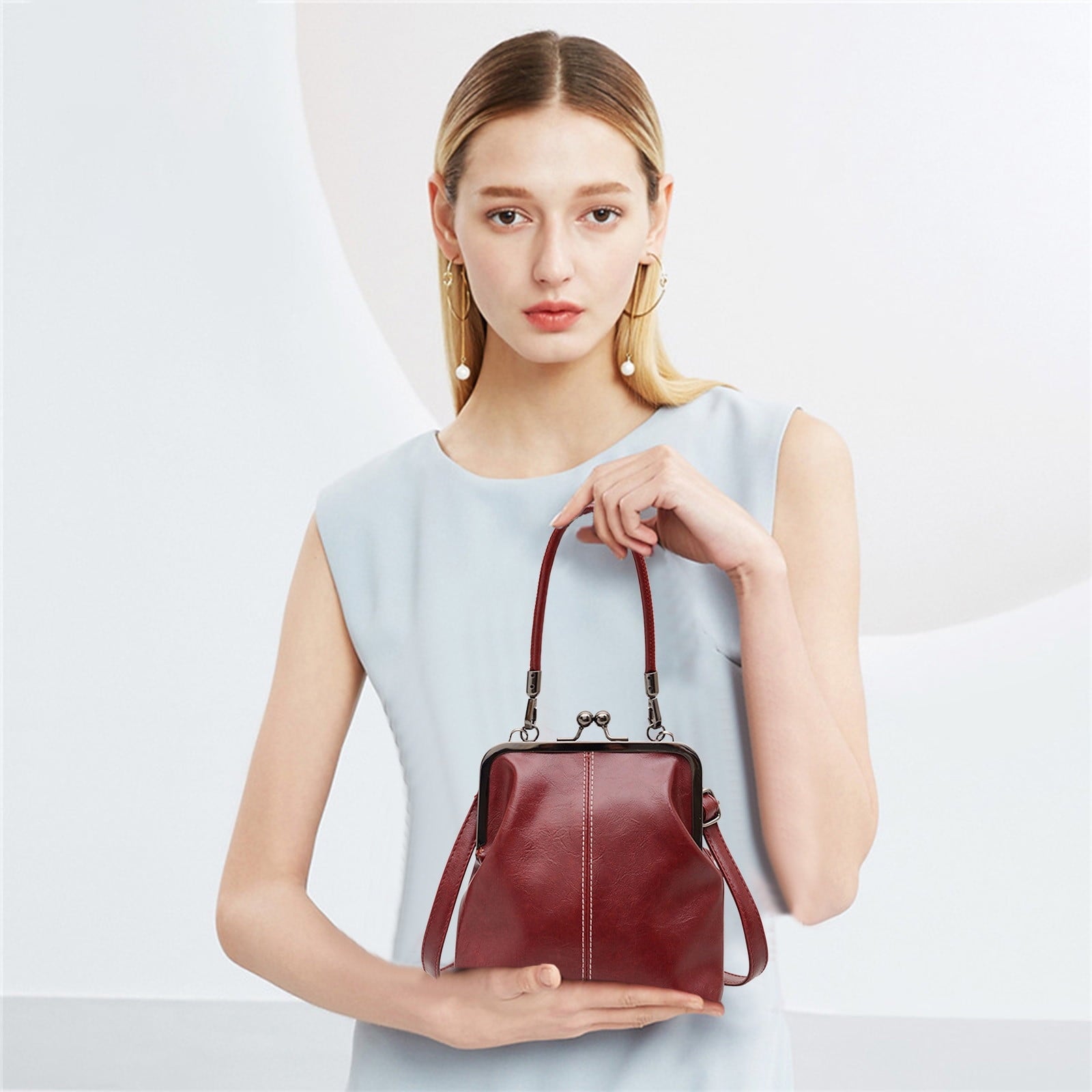 Darzheoy Retro Handbag for Women - Leather Shoulder Bag Evening Clutch Crossbody Purse with Kiss Lock Burgundy