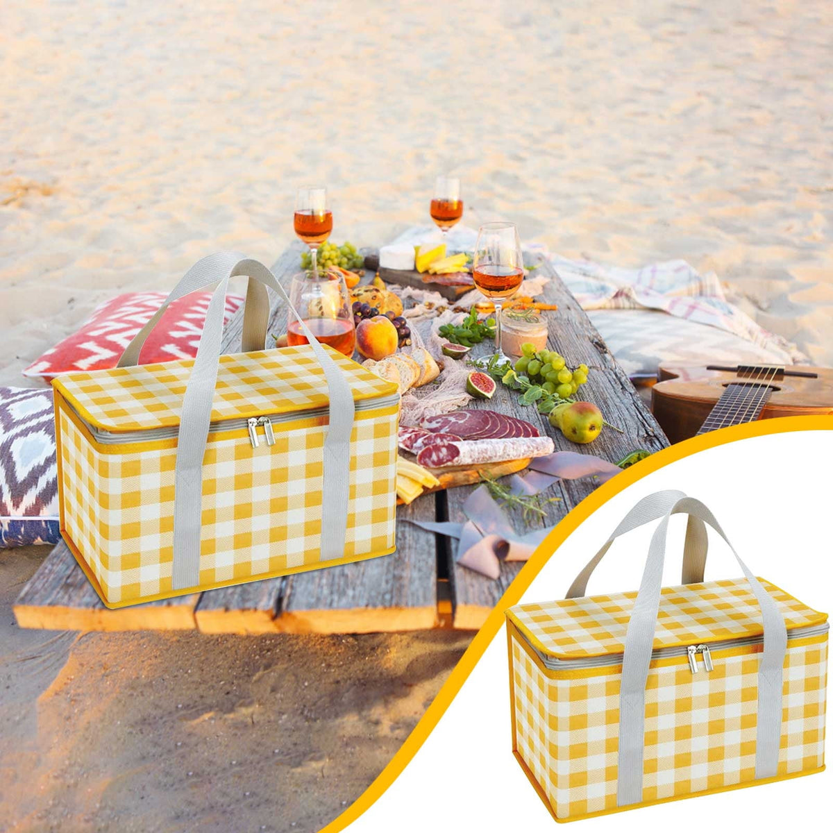 Large Picnic Basket Shopping Basket Camping Picnic Basket Travel Picnic Bag Portable Bento Bag Thermal Insulation Bag Yellow