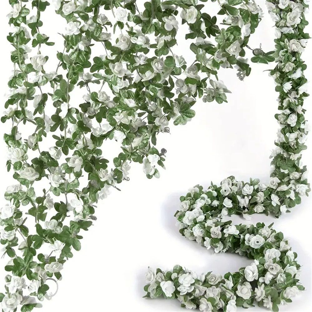 4Pcs Artificial Rose Vine Fake Flower Garland Fake Silk Rose Hanging Vine for Wedding Party Background Arch Garden Background Decoration (White)
