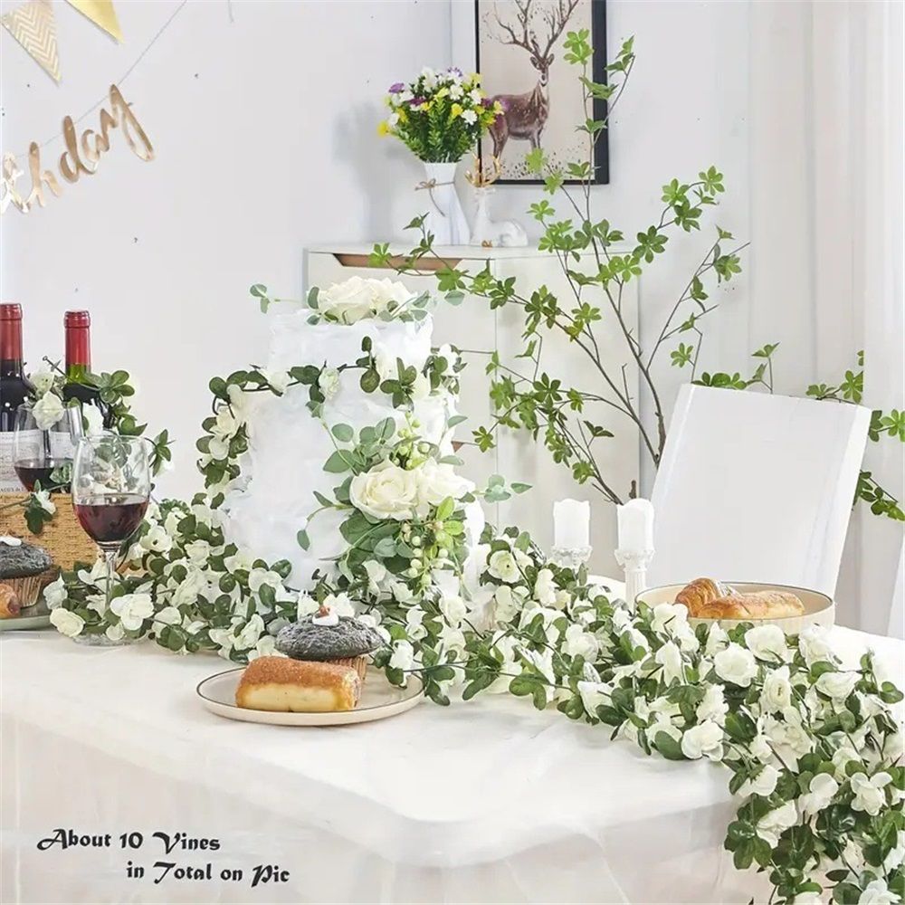 4Pcs Artificial Rose Vine Fake Flower Garland Fake Silk Rose Hanging Vine for Wedding Party Background Arch Garden Background Decoration (White)