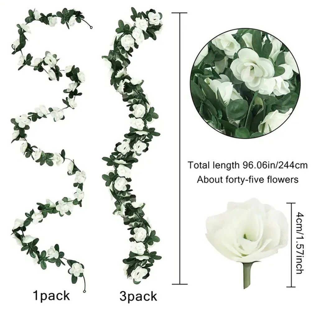 4Pcs Artificial Rose Vine Fake Flower Garland Fake Silk Rose Hanging Vine for Wedding Party Background Arch Garden Background Decoration (White)