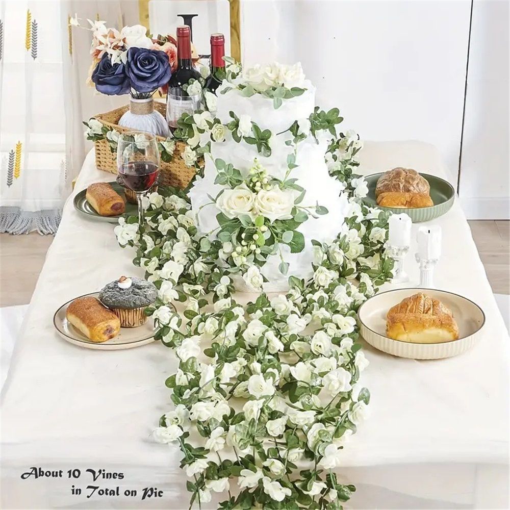 4Pcs Artificial Rose Vine Fake Flower Garland Fake Silk Rose Hanging Vine for Wedding Party Background Arch Garden Background Decoration (White)