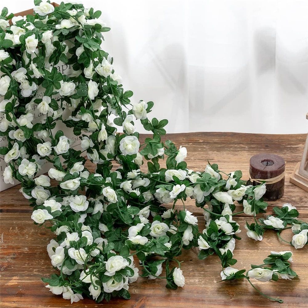 4Pcs Artificial Rose Vine Fake Flower Garland Fake Silk Rose Hanging Vine for Wedding Party Background Arch Garden Background Decoration (White)