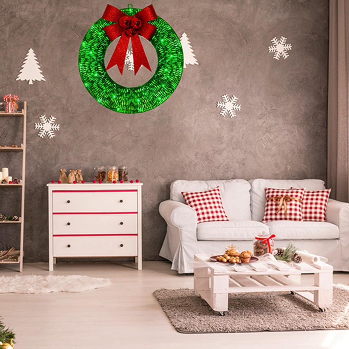Christmas wreath outdoor decoration, small Christmas wreath plugin, suitable for doors, windows, garage green spaces（30cm）