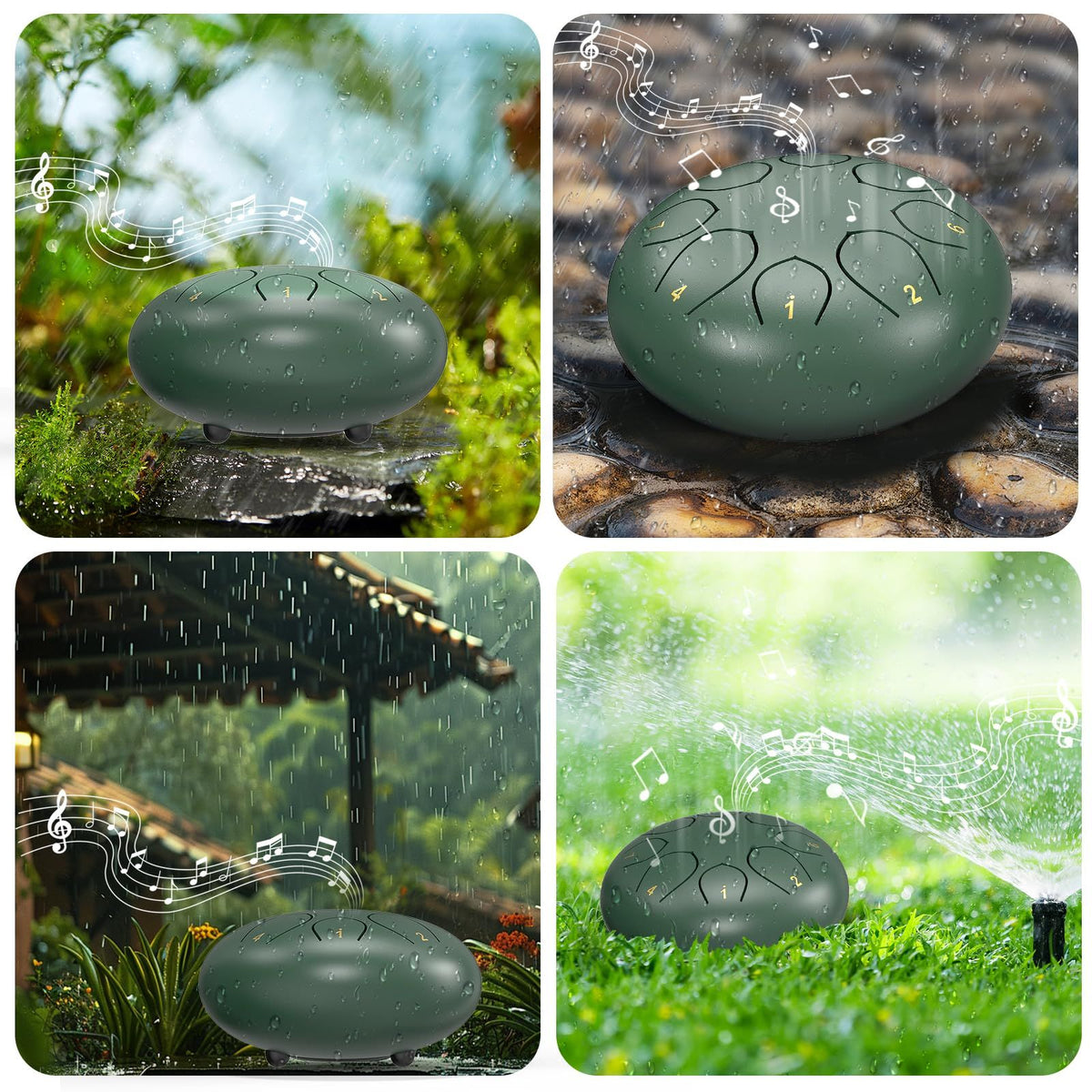 Rain Drum for Outside Garden, 6 Inches 8 Notes Steel Tongue Chakra Drums, Waterproof Meditation Rain Chime, Musical Instruments for Adult Gift with Bag, Music Book, Drum Mallets (Green)