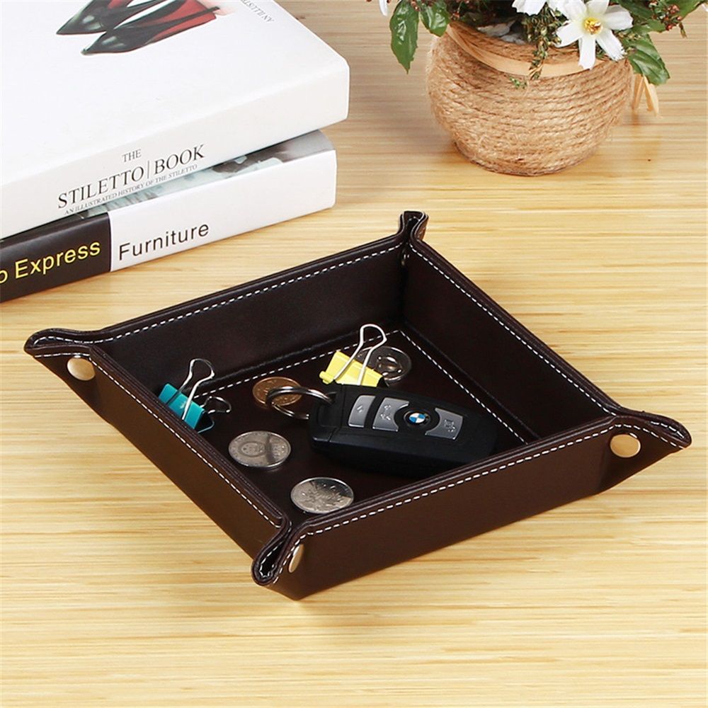 Valet Tray Desktop Storage Organizer – Premium PU Leather Bedside Vanity Tray Nightstand Caddy Holder for Remote Controller, Keys, Phone, Wallet, Coin, Jewelry, Black