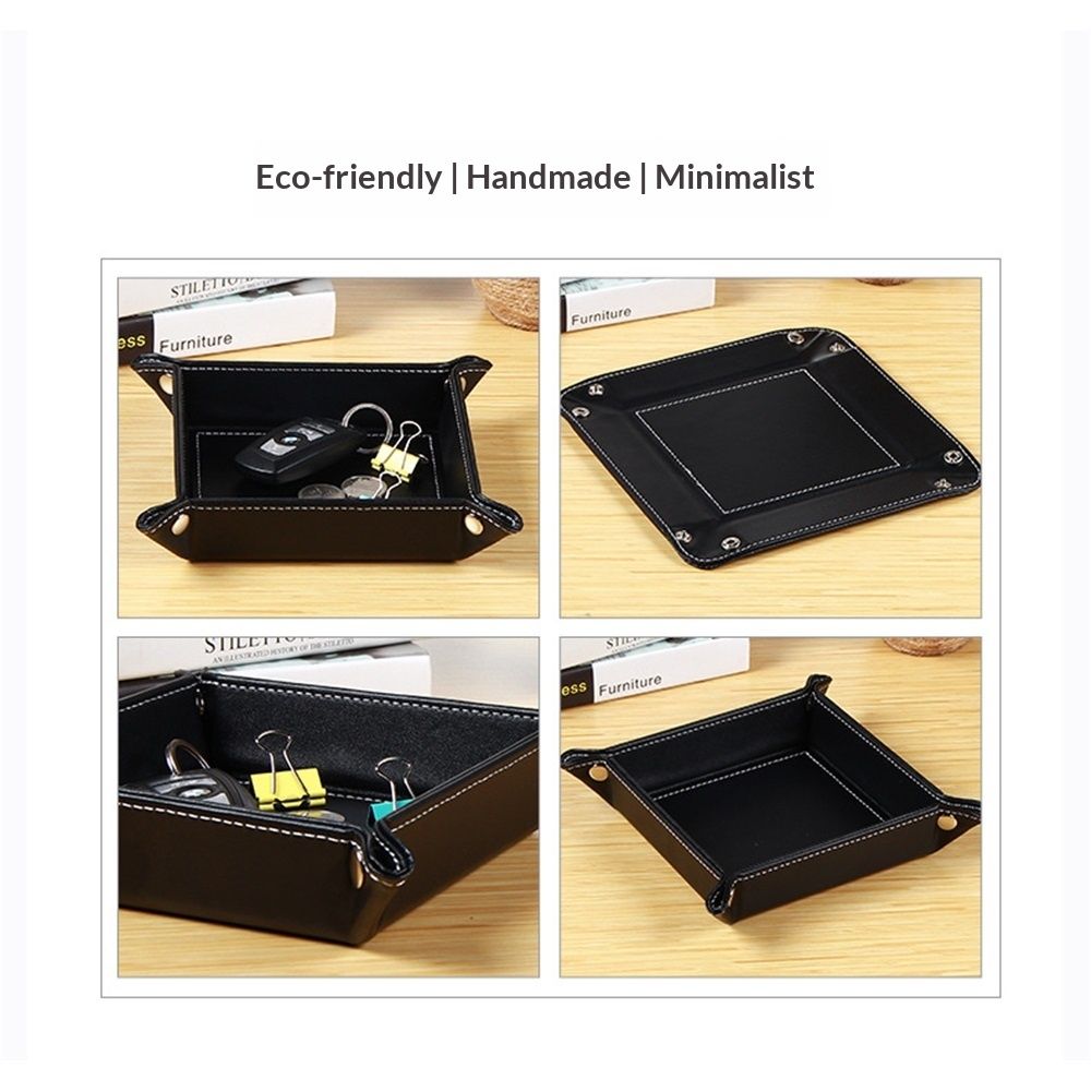 Valet Tray Desktop Storage Organizer – Premium PU Leather Bedside Vanity Tray Nightstand Caddy Holder for Remote Controller, Keys, Phone, Wallet, Coin, Jewelry, Black
