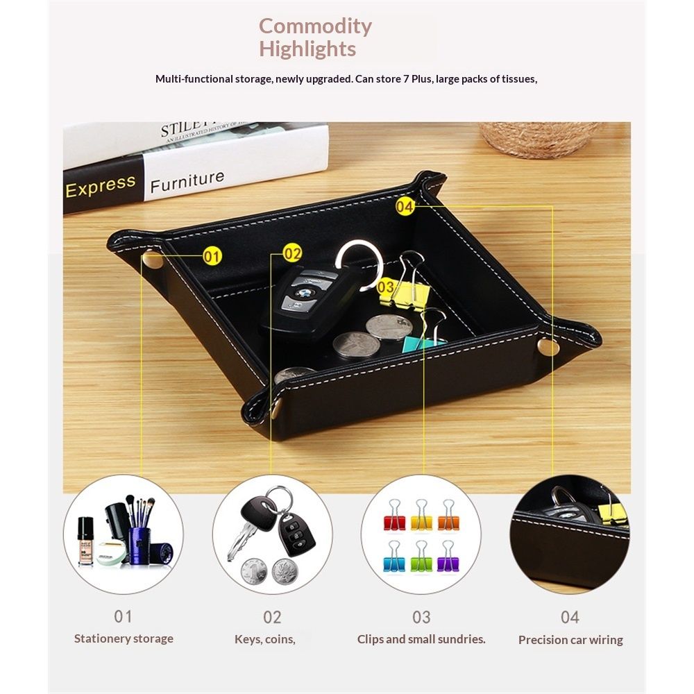Valet Tray Desktop Storage Organizer – Premium PU Leather Bedside Vanity Tray Nightstand Caddy Holder for Remote Controller, Keys, Phone, Wallet, Coin, Jewelry, Black