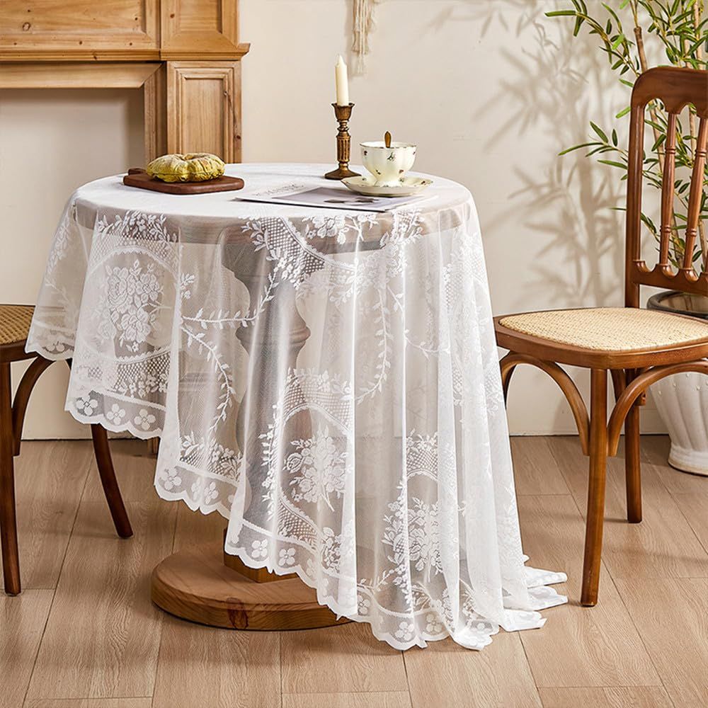 Vintage White Lace Tablecloth for Wedding Party Banquet Farmhouse Floral Embroidered Round Table Cover for Dining Home Decor (Round 70 inch,White)