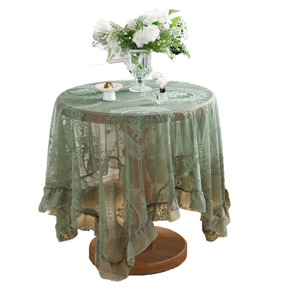 Green lace square flower tablecloth, chic and elegant covered pleated tablecloth, embroidered tablecloth protector 140*140cm