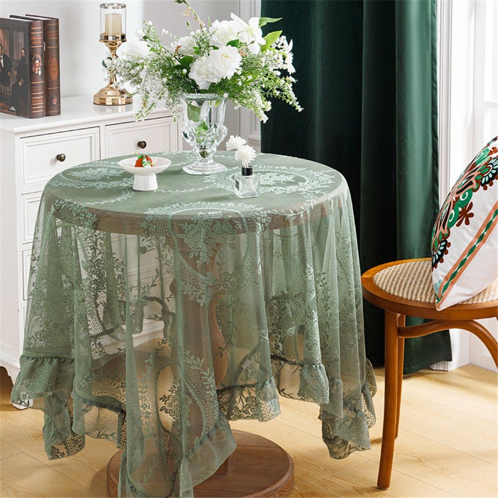 Green lace square flower tablecloth, chic and elegant covered pleated tablecloth, embroidered tablecloth protector 140*140cm