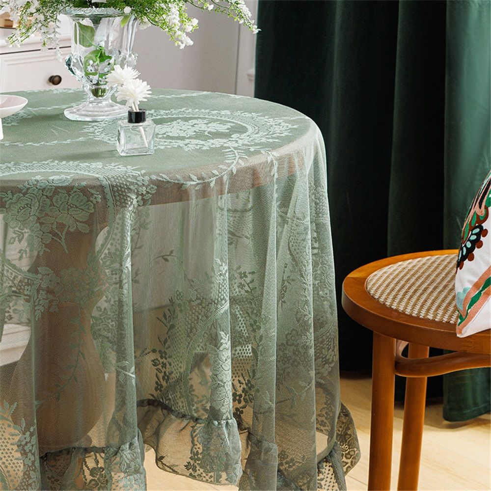 Green lace square flower tablecloth, chic and elegant covered pleated tablecloth, embroidered tablecloth protector 140*140cm