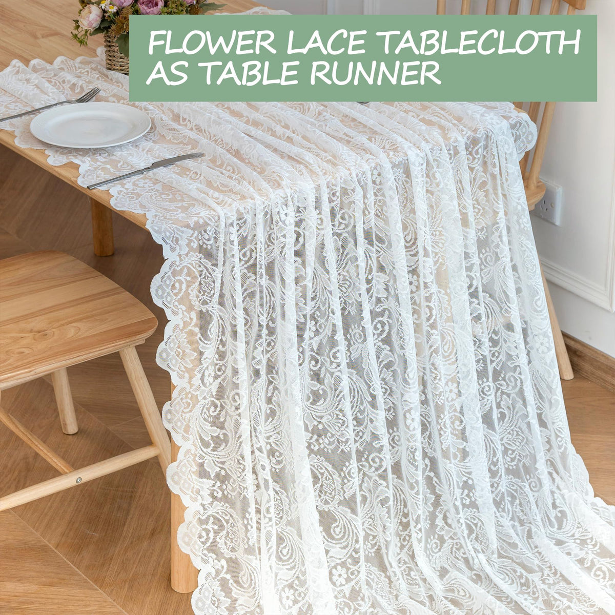 White Lace Tablecloth 70*150cm Rectangle Phoenix Tail Flower Embroidered Wedding Table Cloths for Outdoor Party Reception, Dinner Party, Baby Shower,