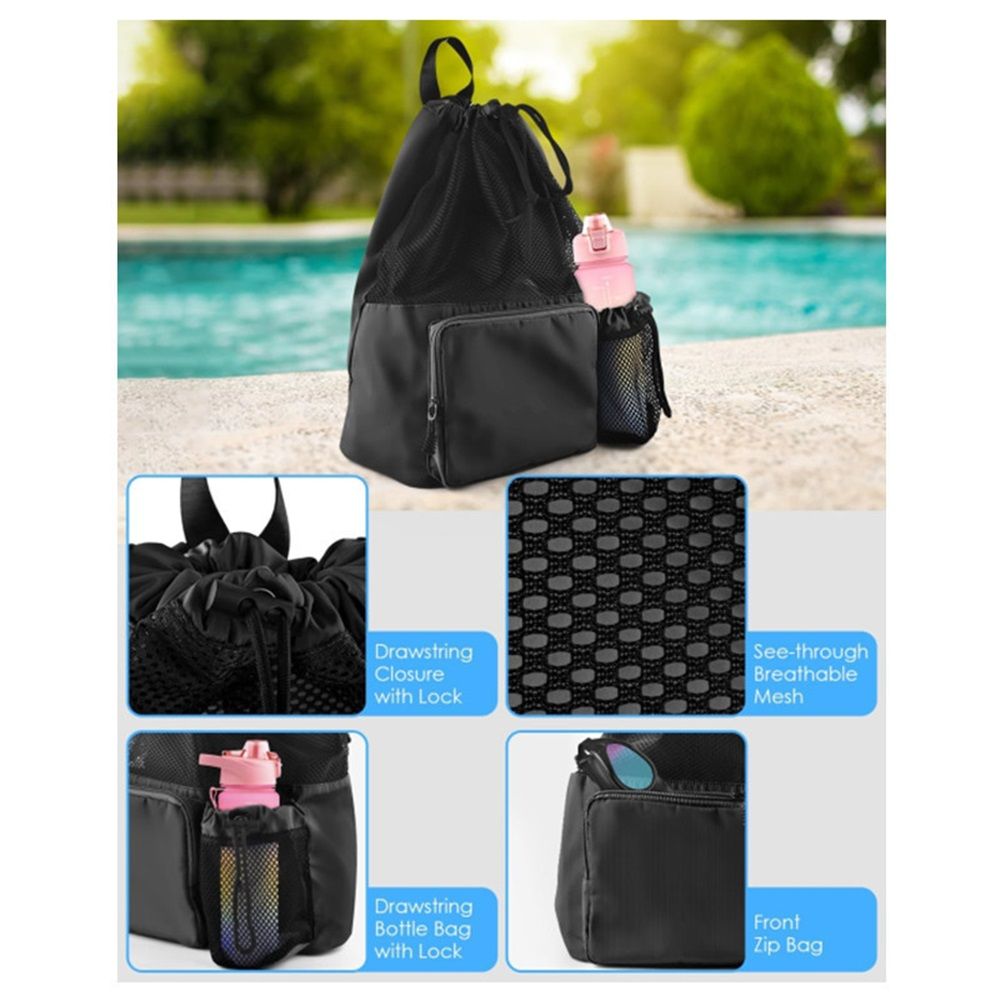 Swim Bag Beach Backpack with Wet Pocket Mesh Drawstring Bags for Swimming, Gym black Mesh Swim Bag Beach Drawstring Backpack, Waterproof Gym Bags for Women and Men