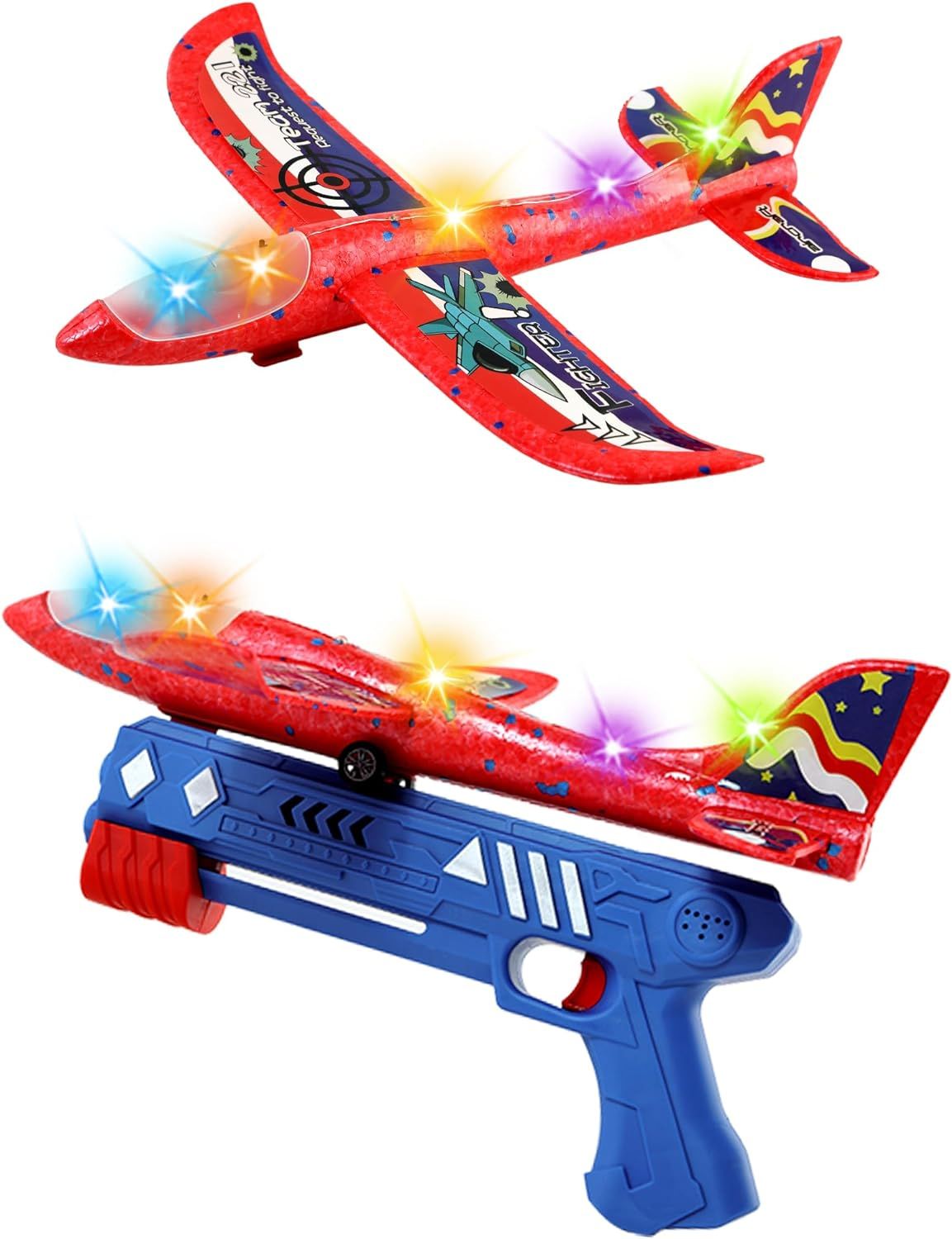 1 Pack Airplane Launcher Toys LED Foam Glider Flight Plane Toy 1 Launcher for Old Boy Girls Birthday Gift(1+1,49ft Range)