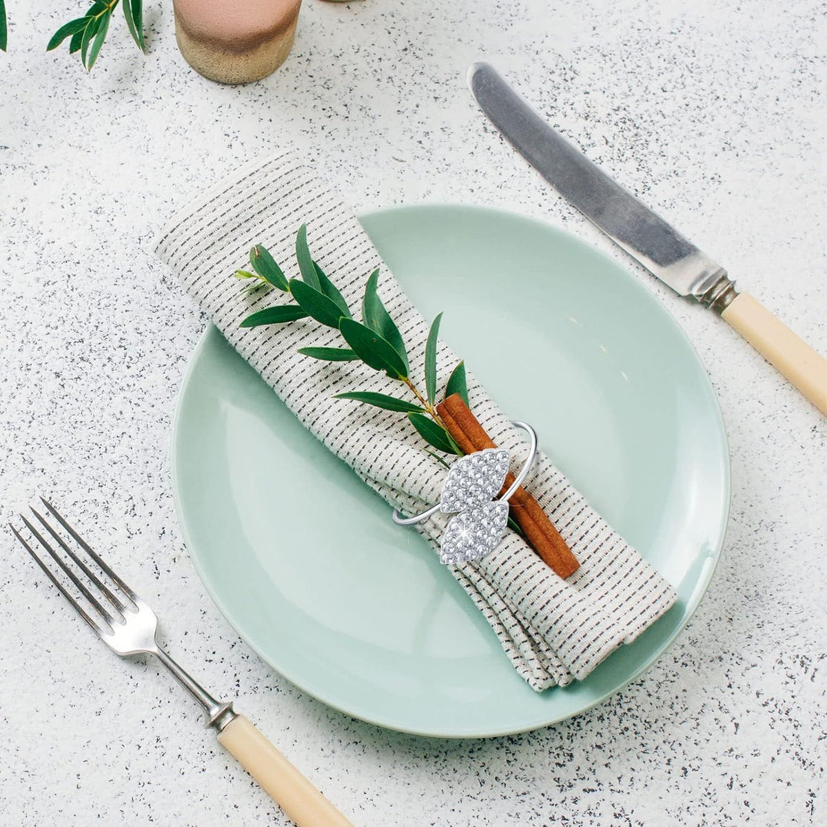 Rings Set Metal Leaves Napkin Holders Rhinestone Napkin Buckle for Wedding Party Celebrate Festival Dinner (Silver, 24 Piece)