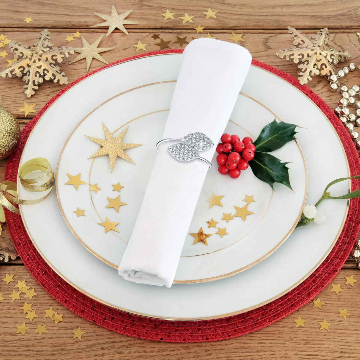 Rings Set Metal Leaves Napkin Holders Rhinestone Napkin Buckle for Wedding Party Celebrate Festival Dinner (Silver, 24 Piece)