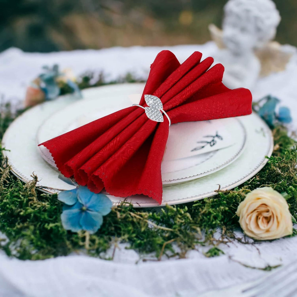 Rings Set Metal Leaves Napkin Holders Rhinestone Napkin Buckle for Wedding Party Celebrate Festival Dinner (Silver, 24 Piece)
