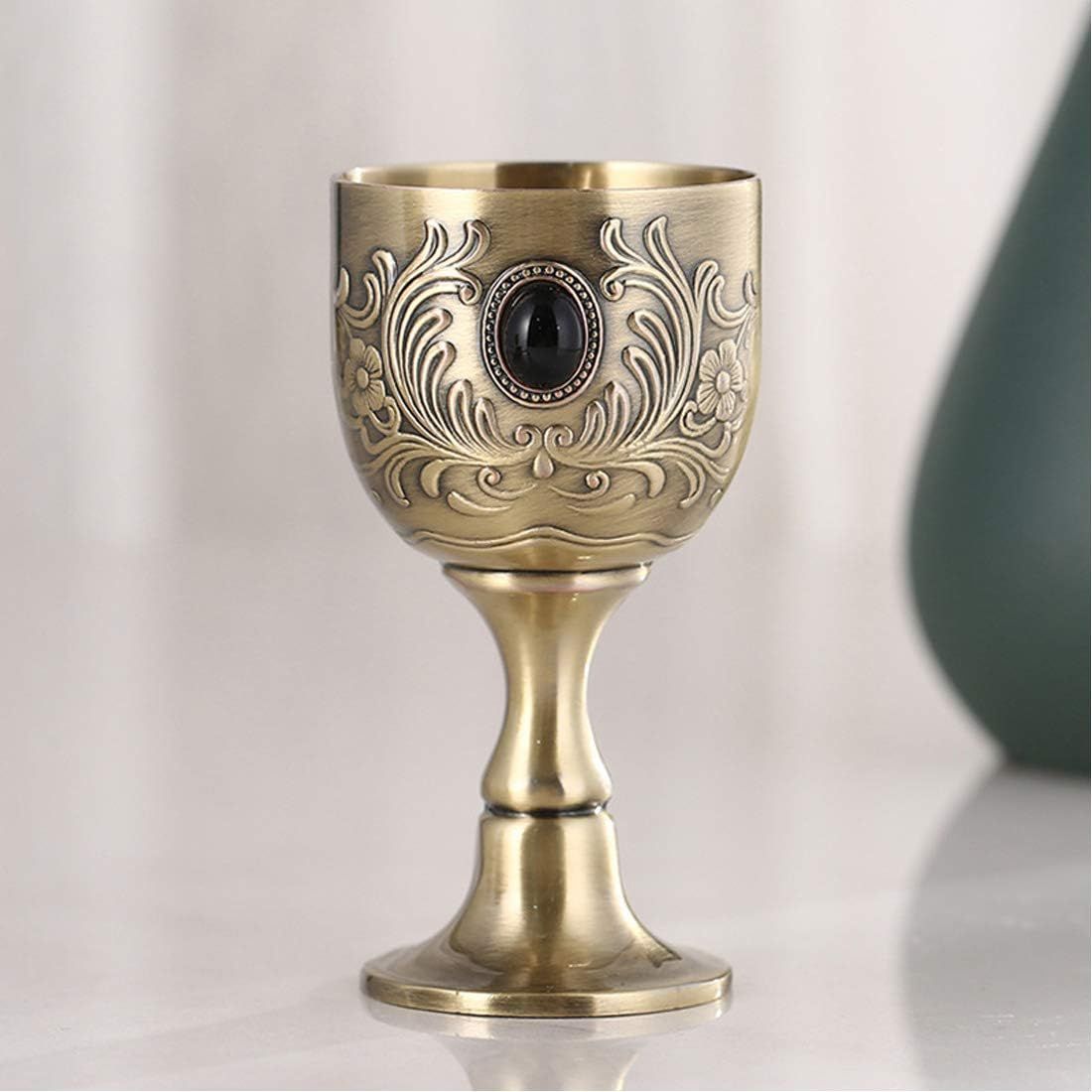 Hand-Made Vintage Pure Copper Engraving Flower Pattern Metal Embossed Wine Copper Gemstone Cups Goblet 1.7oz 2-Pack