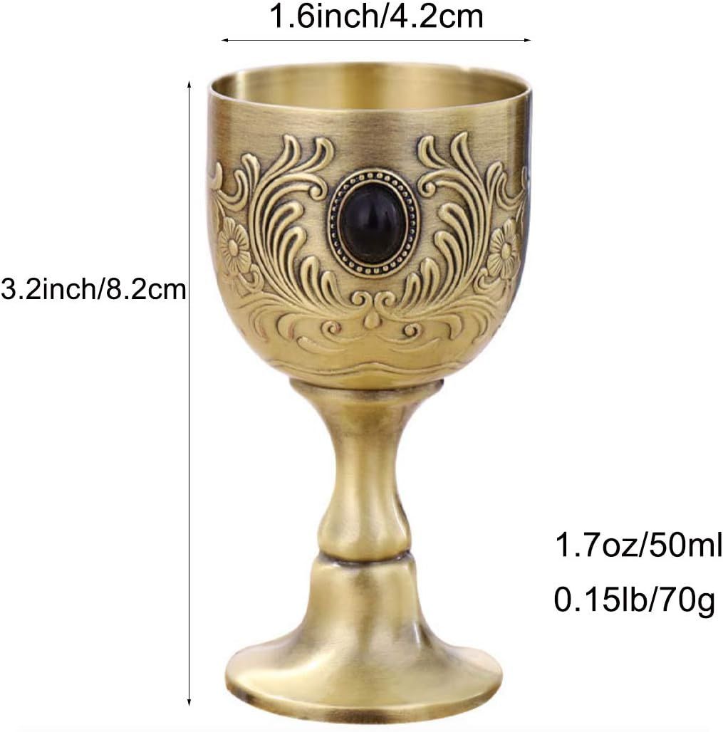 Hand-Made Vintage Pure Copper Engraving Flower Pattern Metal Embossed Wine Copper Gemstone Cups Goblet 1.7oz 2-Pack