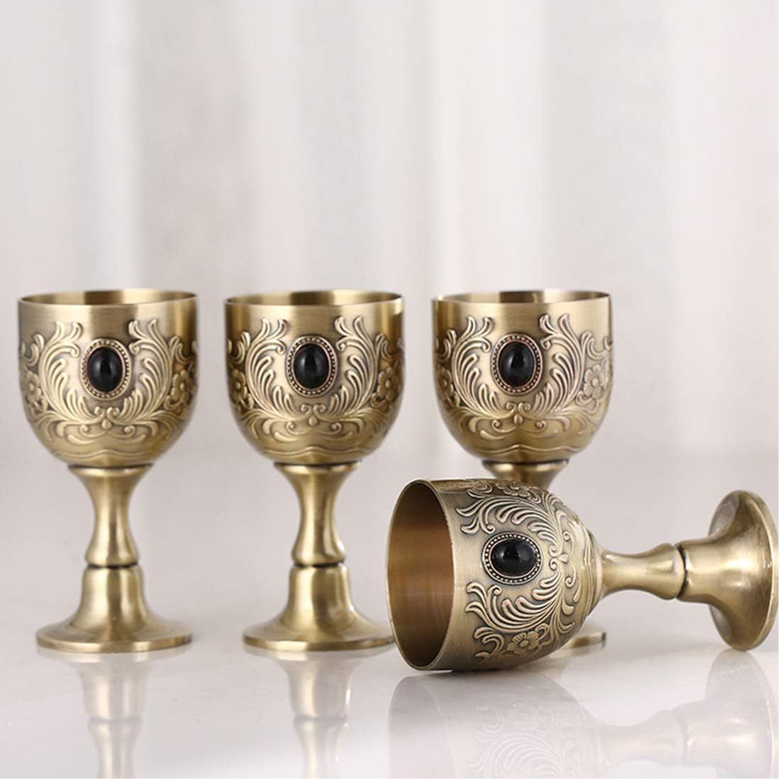 Hand-Made Vintage Pure Copper Engraving Flower Pattern Metal Embossed Wine Copper Gemstone Cups Goblet 1.7oz 2-Pack