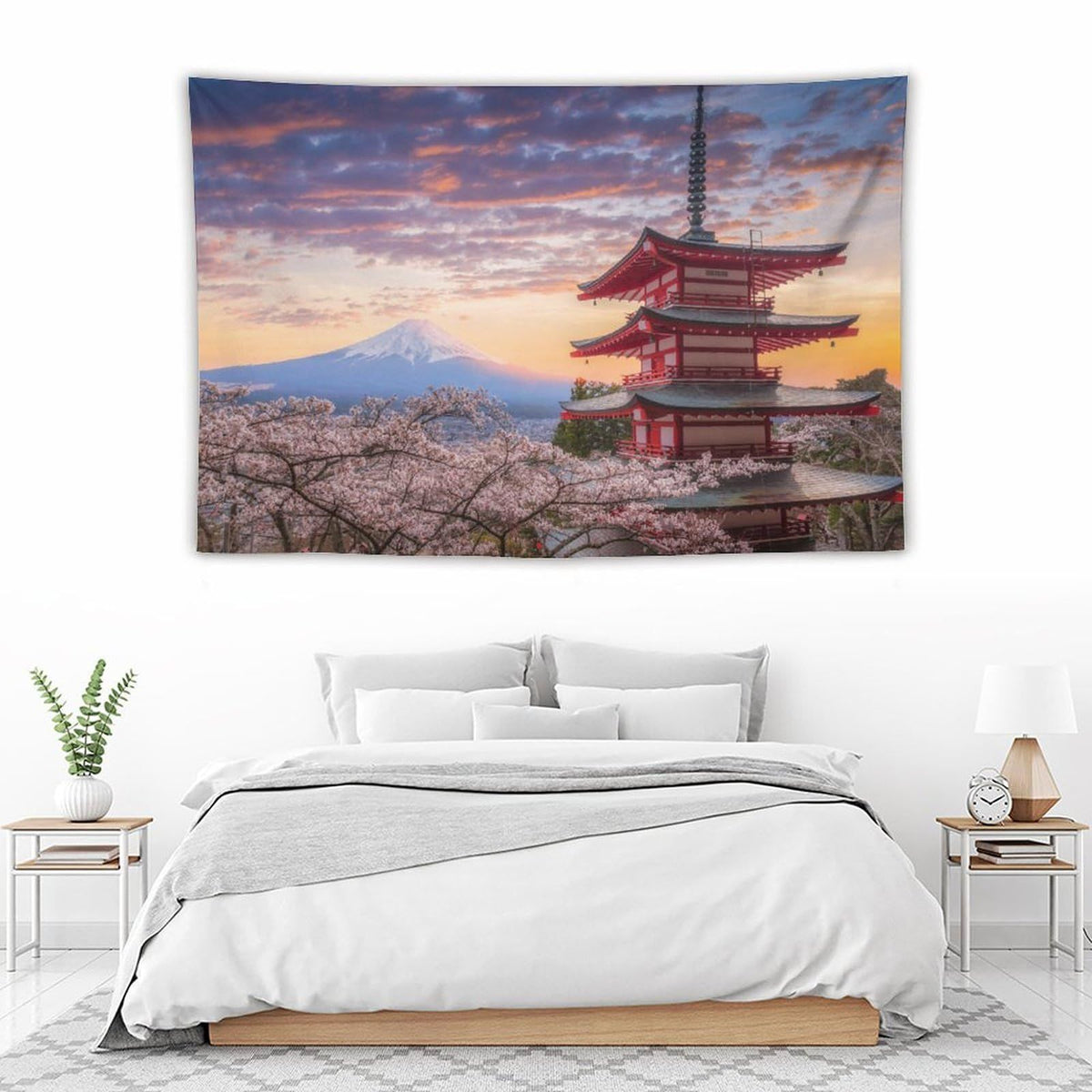 Pink Tapestry, Anime Tapestry for Bedroom Aesthetic, Japanese Mountain Fuji Cherry Blossoms Nature Wall Tapestry-150*130cm