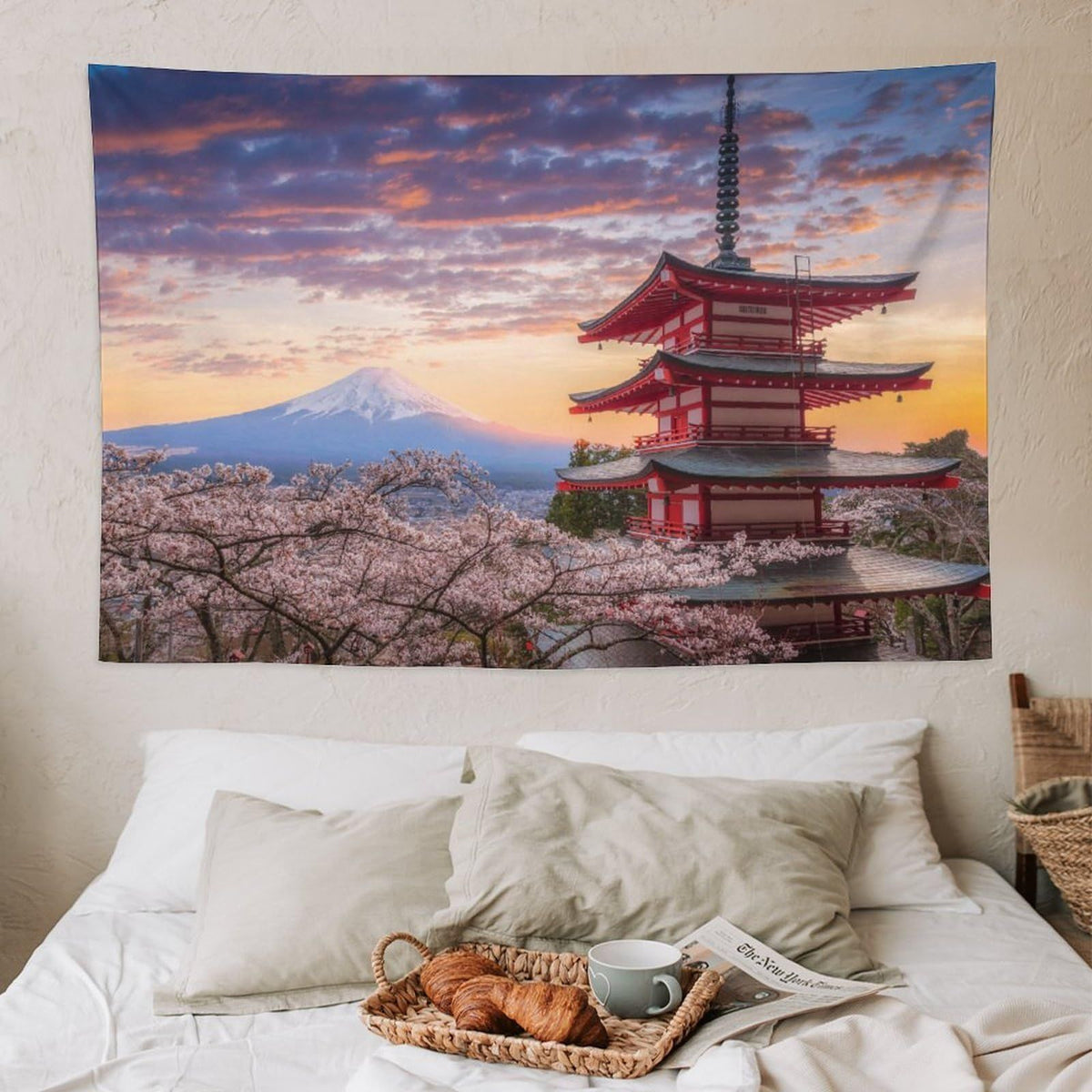 Pink Tapestry, Anime Tapestry for Bedroom Aesthetic, Japanese Mountain Fuji Cherry Blossoms Nature Wall Tapestry-150*130cm