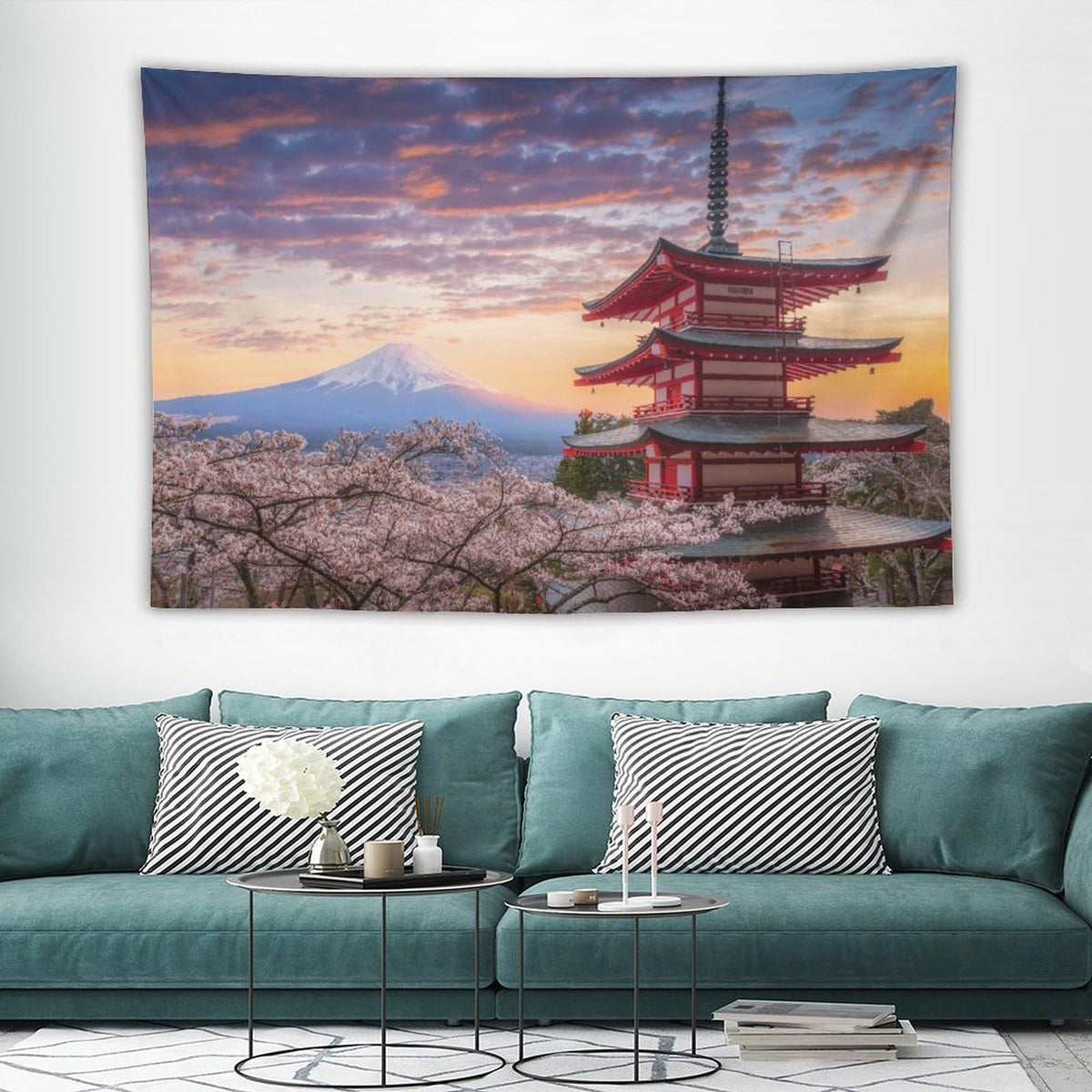 Pink Tapestry, Anime Tapestry for Bedroom Aesthetic, Japanese Mountain Fuji Cherry Blossoms Nature Wall Tapestry-150*130cm