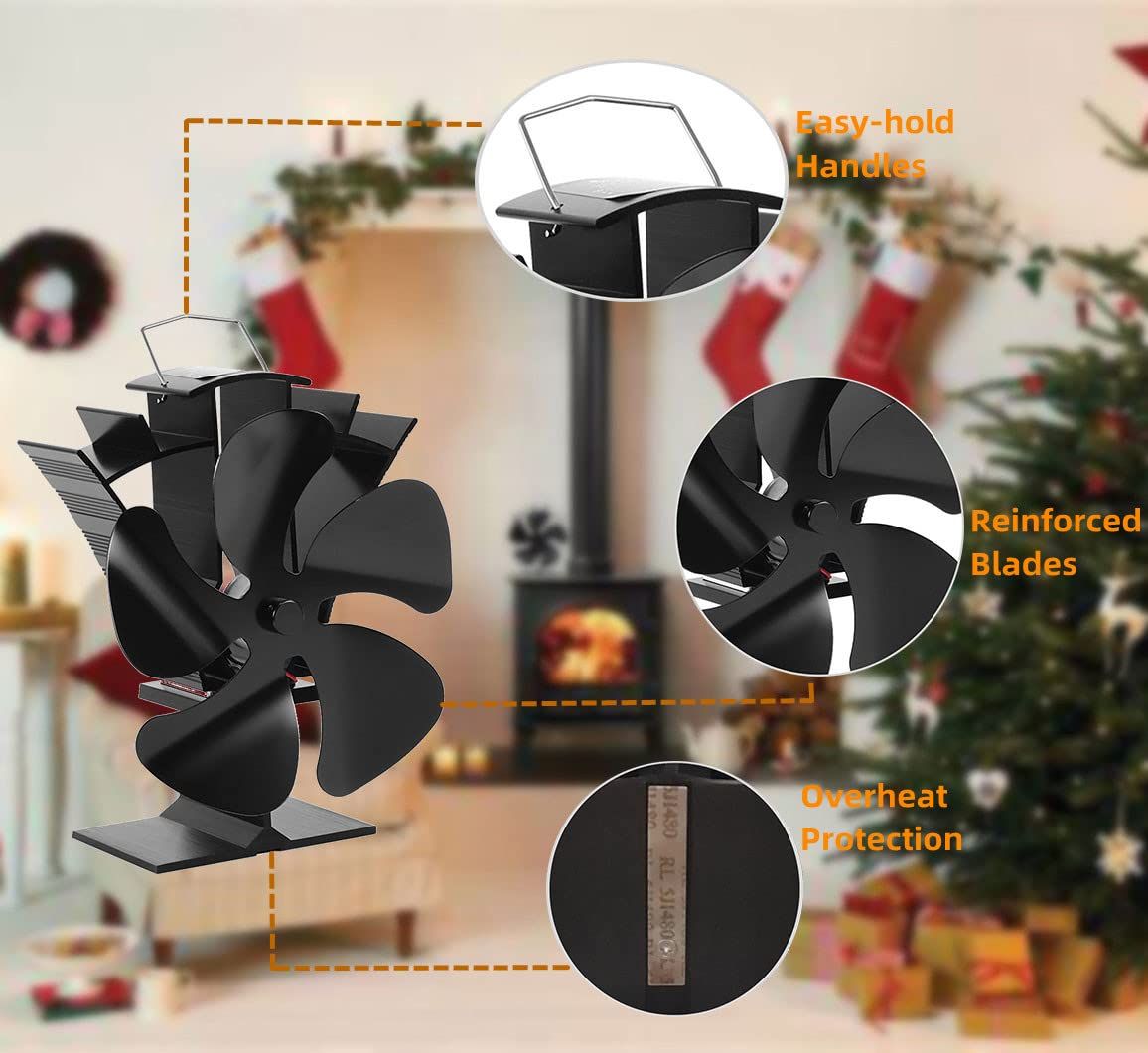 Wood Stove Fan 5 Blades Newly designed Small Heat Powered Fans Fireplace Eco Fans for Wood/Log Burner/Fireplace(Black)