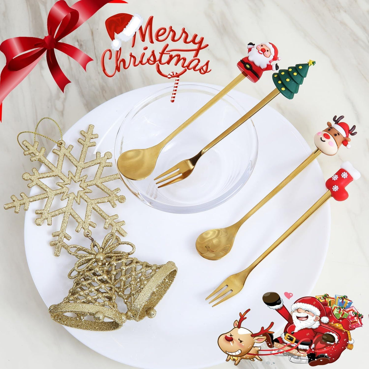 4Pcs Christmas Coffee Spoons with Red Gift Box, Creative Drink Stirrers, Stainless Steel Spoons for Dinner Tableware Dessert