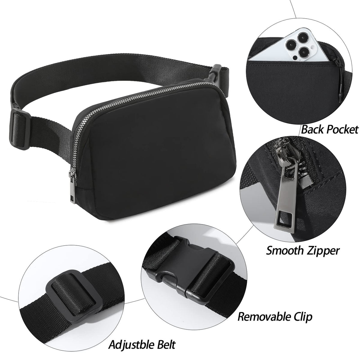 Unisex Mini Fashion Waist Packs, Water Resistant, Adjustable Strap, 1 Main Compartment, 3 Mesh Slots, 1 Back Zipper Pocket, Black