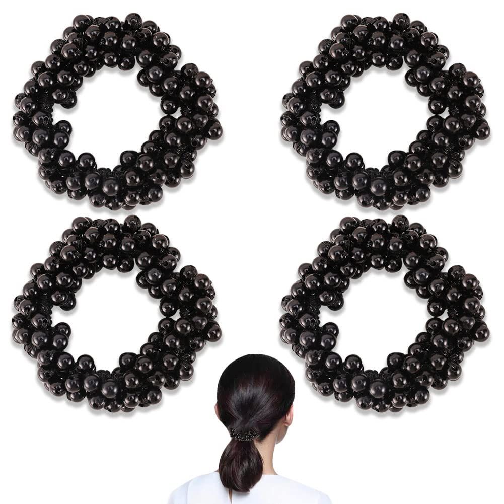 4 PACK Pearl Hair Ties black Weave Hair Scrunchies Stretch Hair Rope Accessories for Women and Girls