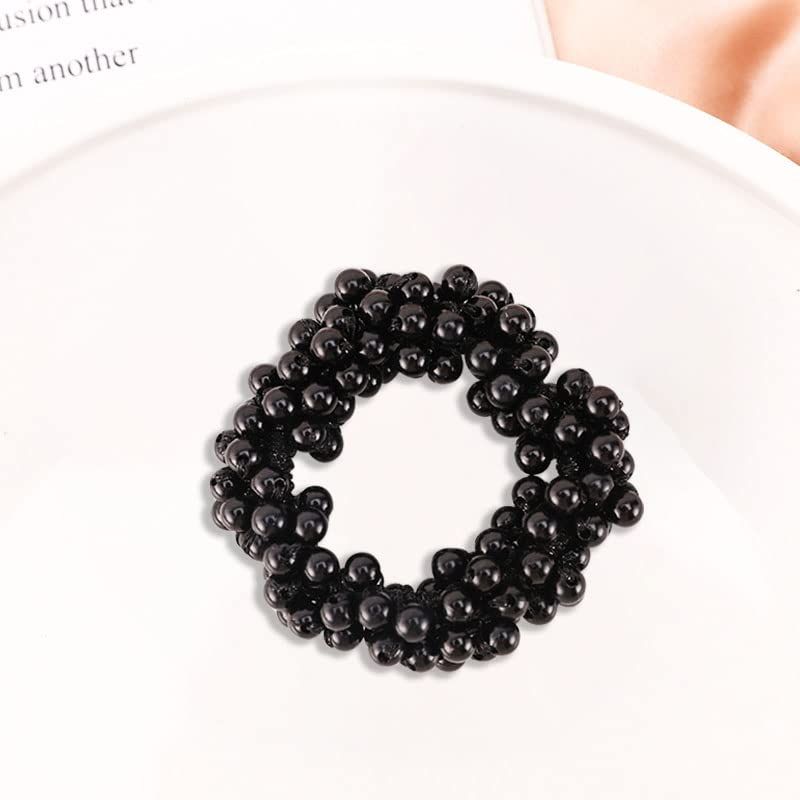 4 PACK Pearl Hair Ties black Weave Hair Scrunchies Stretch Hair Rope Accessories for Women and Girls