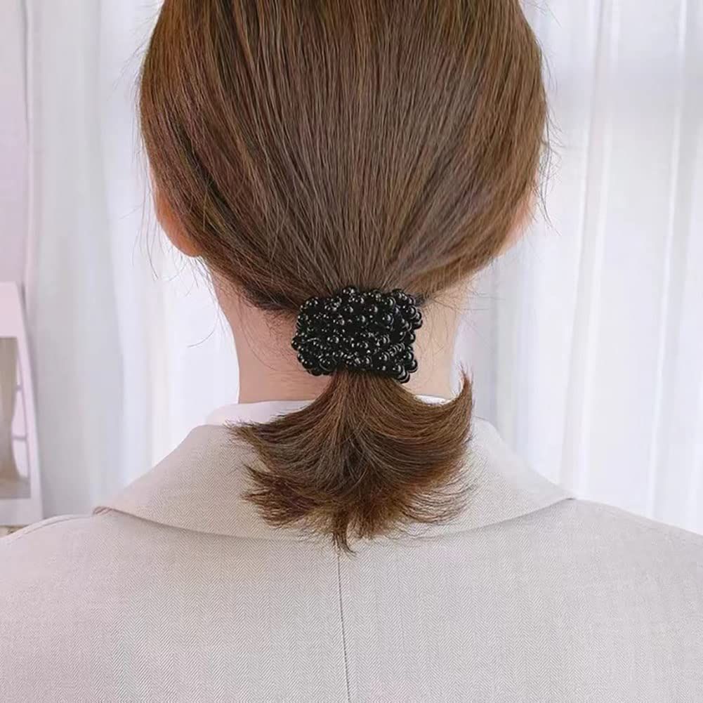 4 PACK Pearl Hair Ties black Weave Hair Scrunchies Stretch Hair Rope Accessories for Women and Girls