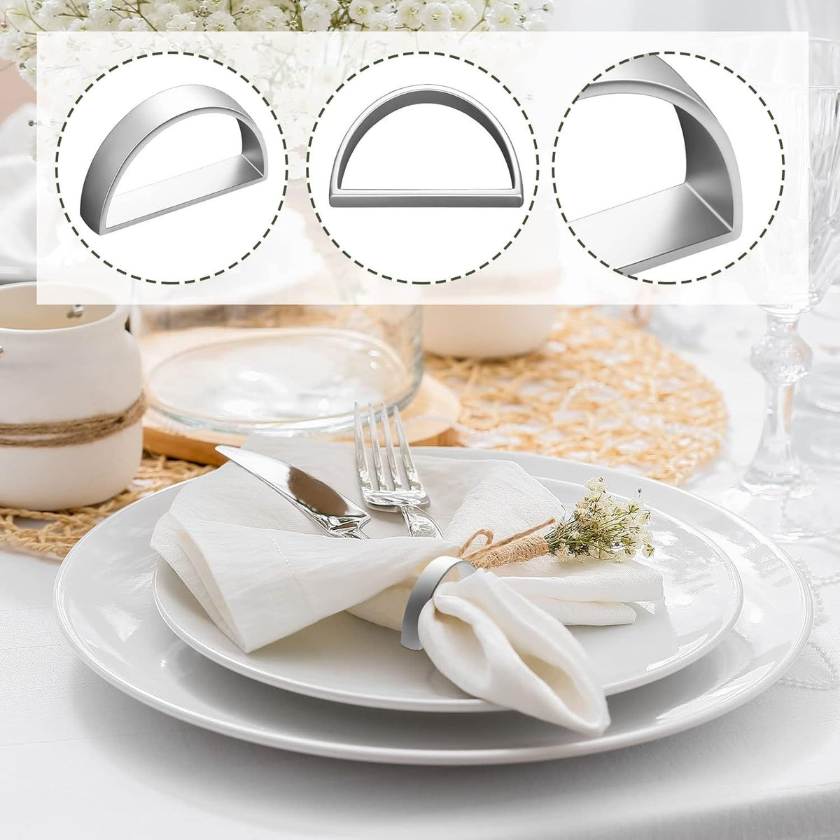 10 Pcs Stainless Steel Napkin Rings Metal Napkin Ring Holders Modern Holder Buckles Metallic Adornment  (Matte Silver Semicircle)