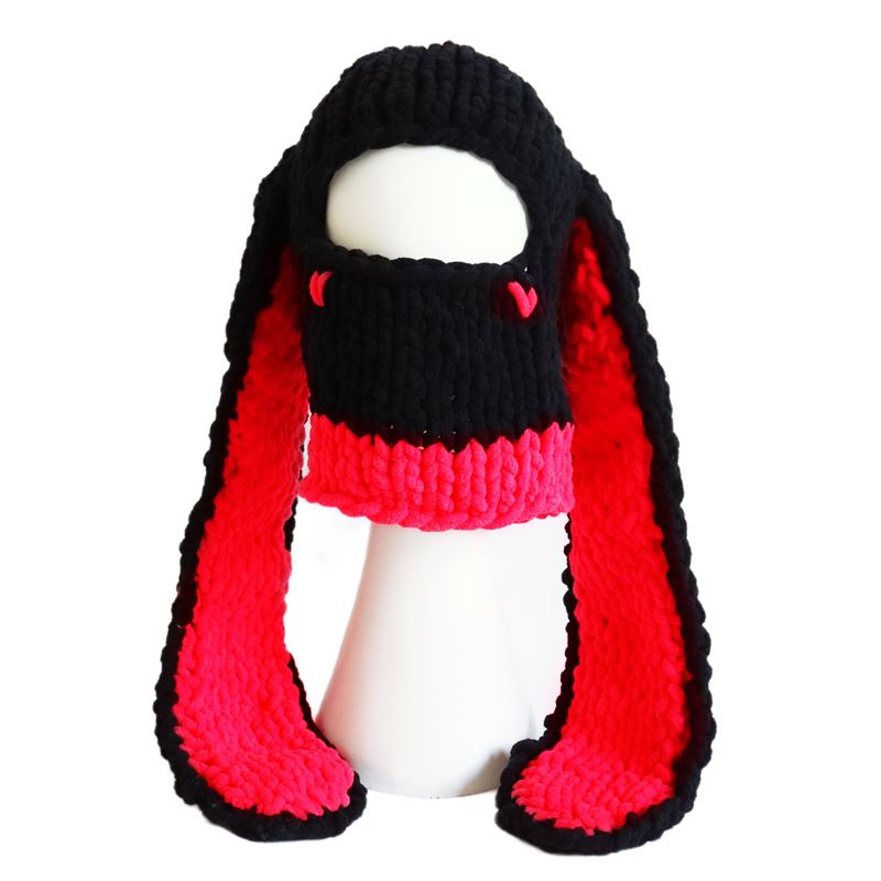 Women Girls 1-Hole Knit Hat Face Mask 3D Funny Bunny Ears Sweater Hat with Scarf Headwear-Winter Warm Hat Knit Skull
