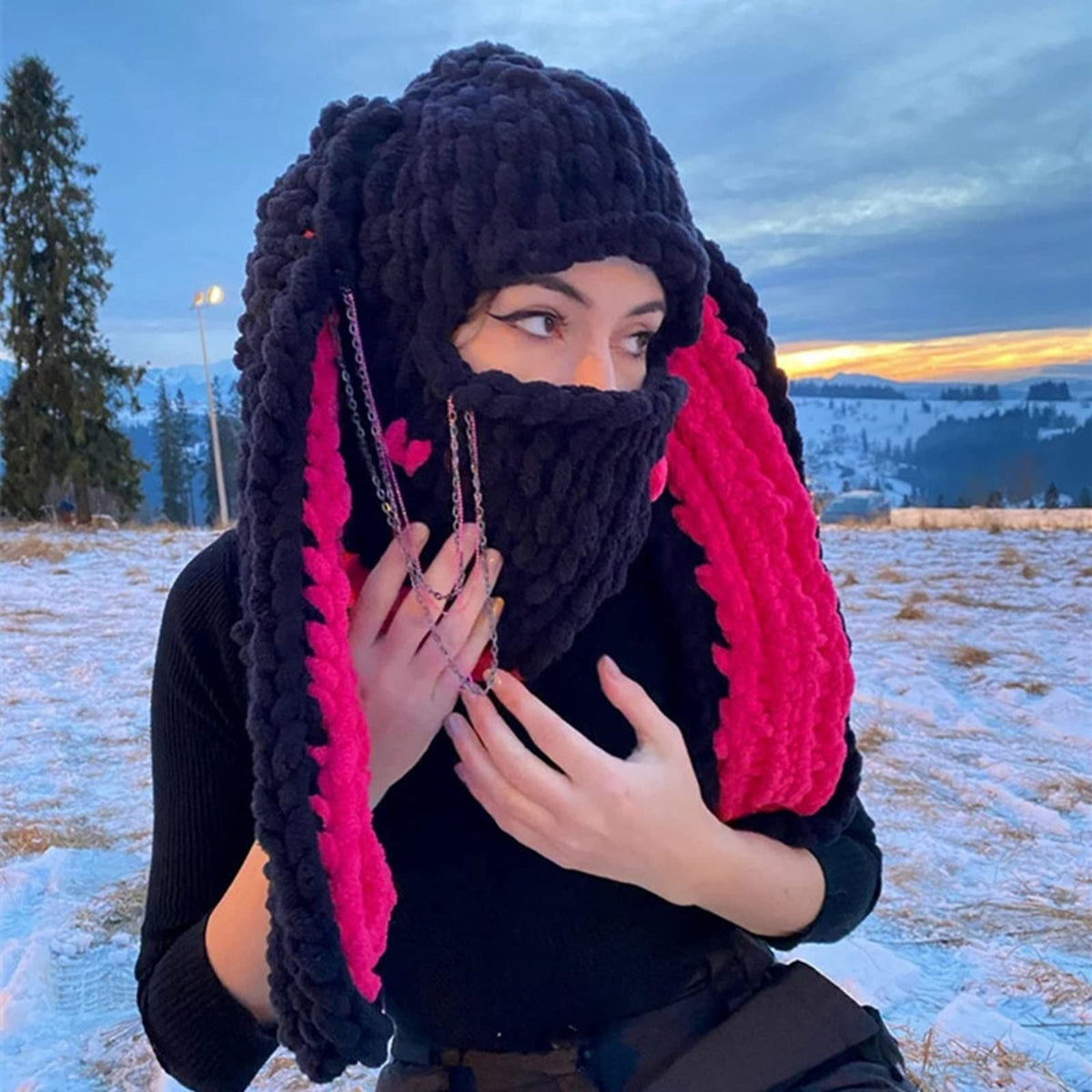 Women Girls 1-Hole Knit Hat Face Mask 3D Funny Bunny Ears Sweater Hat with Scarf Headwear-Winter Warm Hat Knit Skull