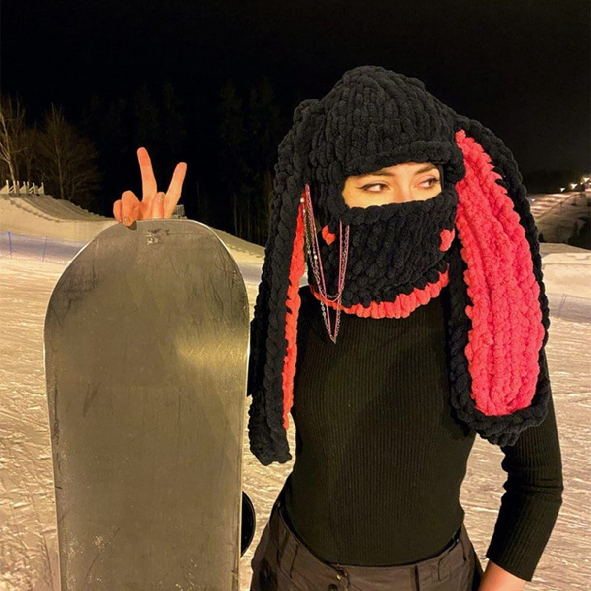 Women Girls 1-Hole Knit Hat Face Mask 3D Funny Bunny Ears Sweater Hat with Scarf Headwear-Winter Warm Hat Knit Skull