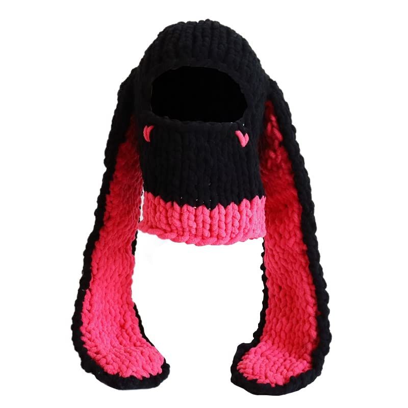 Women Girls 1-Hole Knit Hat Face Mask 3D Funny Bunny Ears Sweater Hat with Scarf Headwear-Winter Warm Hat Knit Skull