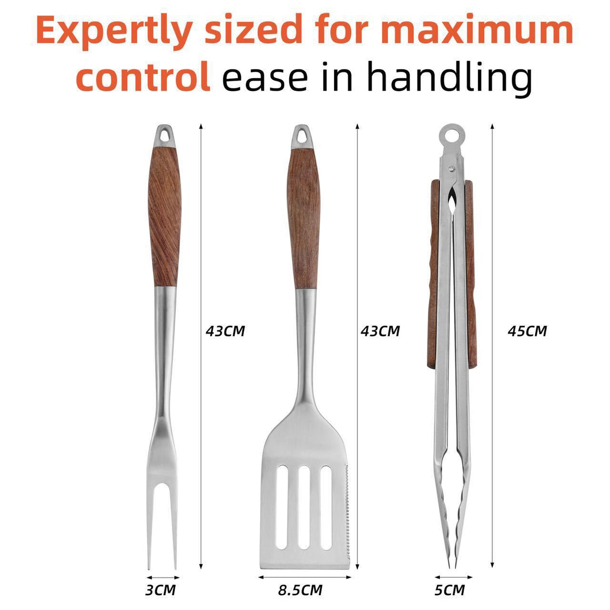 Heavy-Duty Rose Wooden BBQ Grilling Tools Set. Extra Thick Stainless Steel Multi-Function Spatula, Fork & Tongs