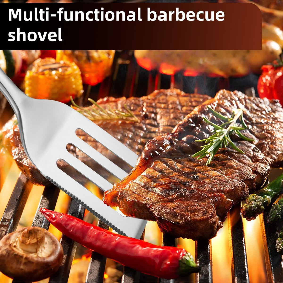 Heavy-Duty Rose Wooden BBQ Grilling Tools Set. Extra Thick Stainless Steel Multi-Function Spatula, Fork & Tongs