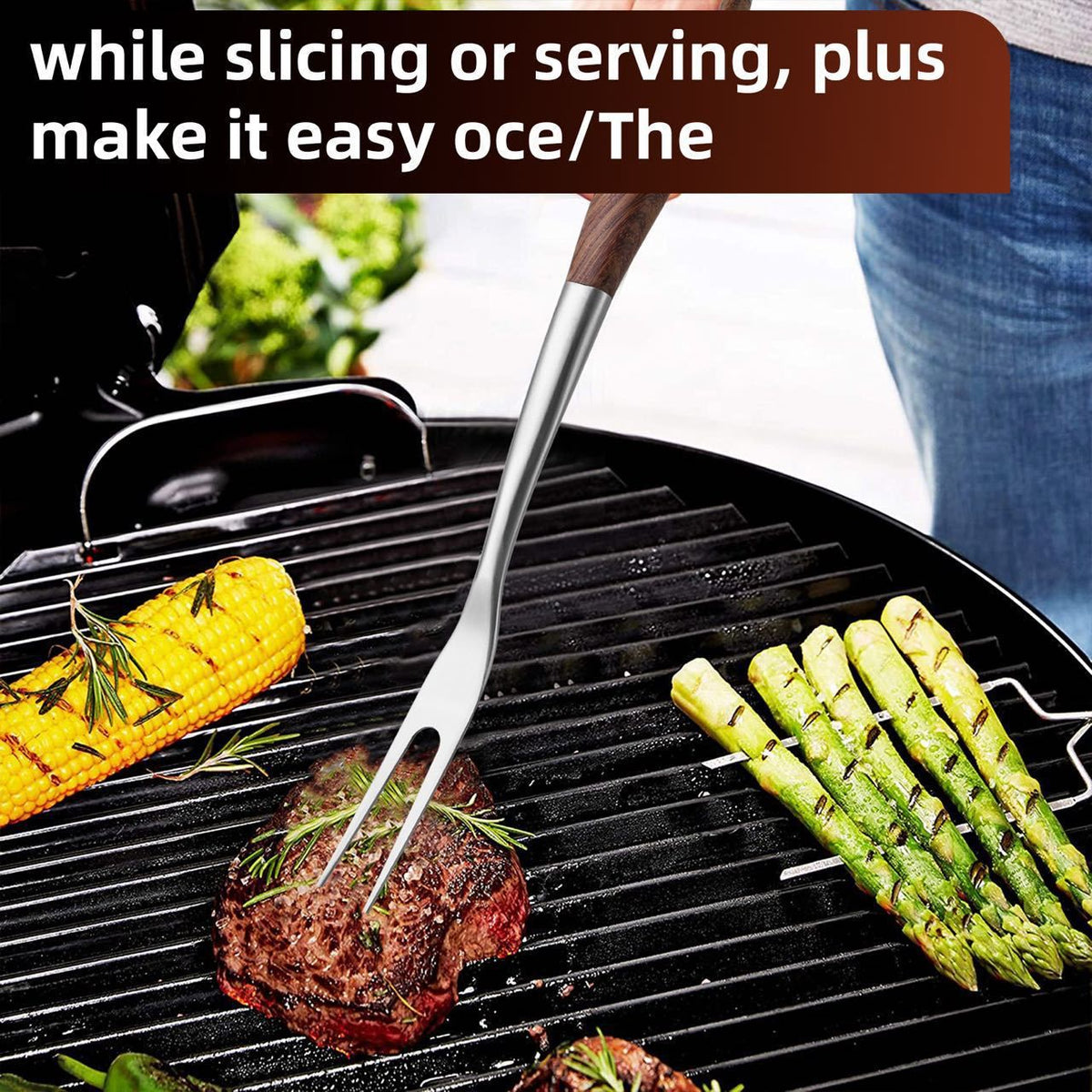 Heavy-Duty Rose Wooden BBQ Grilling Tools Set. Extra Thick Stainless Steel Multi-Function Spatula, Fork & Tongs