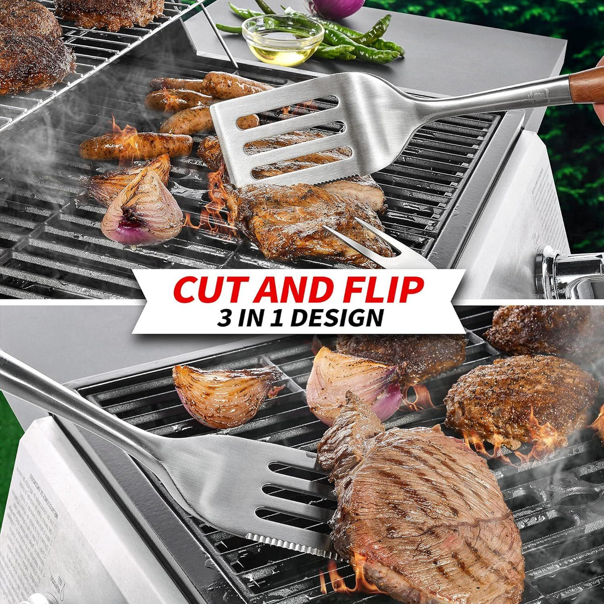 Heavy-Duty Rose Wooden BBQ Grilling Tools Set. Extra Thick Stainless Steel Multi-Function Spatula, Fork & Tongs