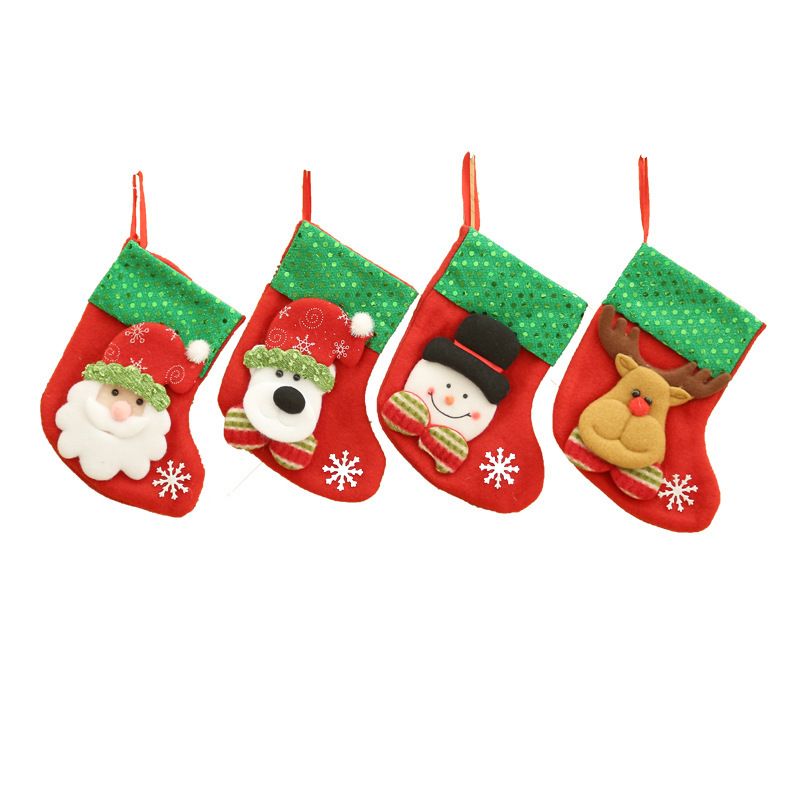 Christmas Stockings (Set of 4) - Includes Snowman, Polar Bear, Santa Claus, and Reindeer, Red & Green, with Snowflake Accents